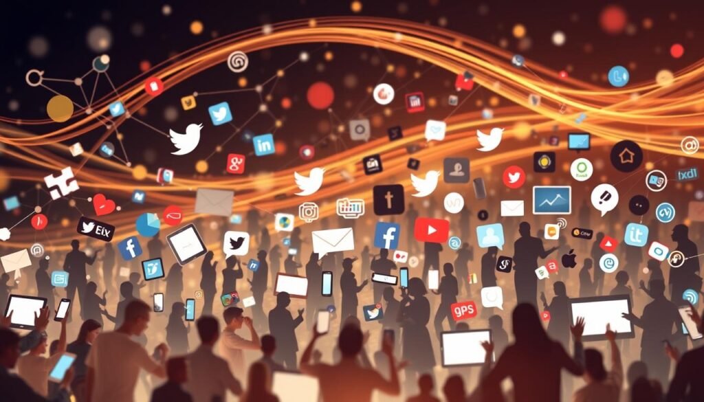 A bustling social media landscape with diverse digital devices and platforms floating against a background of networked connections and data streams. In the foreground, users engage with smartphones, tablets, and laptops, immersed in a virtual world of content sharing, communication, and information exchange. The middle ground features stylized social media icons, logos, and interface elements, conveying the ubiquity and pervasiveness of these digital platforms. The background is a dynamic tapestry of abstract data visualizations, flowing curves, and geometric patterns, suggesting the complex, interconnected nature of the online realm. Warm, diffused lighting casts a contemplative, introspective mood, inviting the viewer to ponder the impact of social media on modern religious perceptions and experiences.
