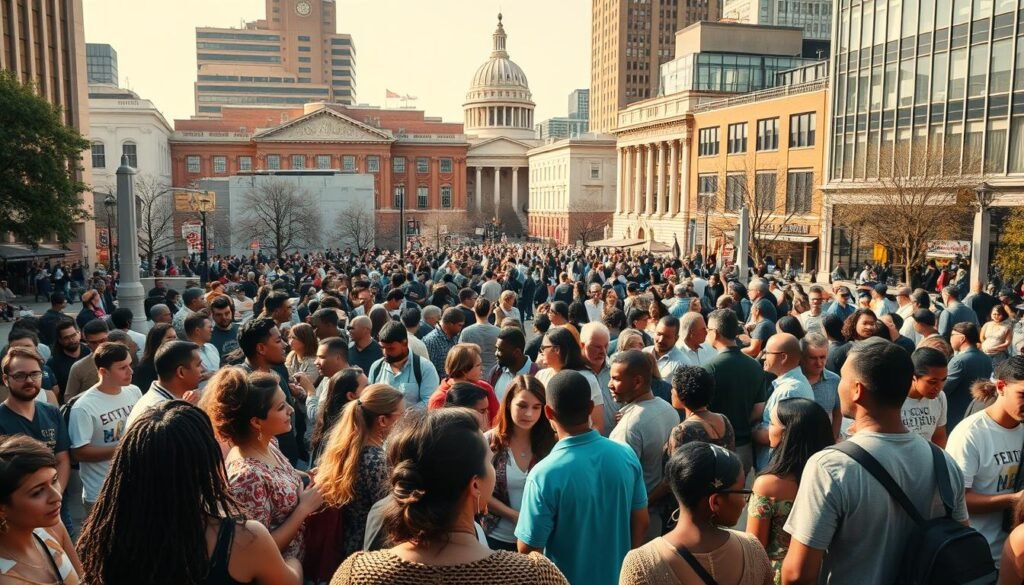 A bustling urban scene showcasing the vibrant and engaged civil society. In the foreground, a diverse group of citizens engaged in lively discussions, sharing ideas and advocating for social change. In the middle ground, community organizations and non-profits collaborating on grassroots initiatives. In the background, local government buildings and public spaces, reflecting the symbiotic relationship between the state and the citizenry. Warm, diffused lighting creates an atmosphere of optimism and civic empowerment. Captured with a wide-angle lens to convey a sense of scale and community. This image represents the dynamic interplay between active citizens, responsive institutions, and the shared vision of a just, equitable, and prosperous society.