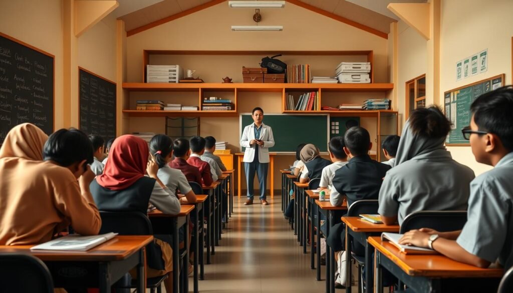 A classroom scene depicting the "13-year Compulsory Education Program" in Indonesia. In the foreground, a diverse group of students of various ages, ethnicities, and backgrounds are seated at desks, engaged in learning activities. The teacher, dressed in professional attire, stands at the front of the class, instructing them. The middle ground showcases educational resources such as blackboards, textbooks, and learning materials. In the background, the school building's architecture reflects a modern, well-equipped facility designed to support the comprehensive educational program. The lighting is warm and natural, creating a welcoming and productive atmosphere. The overall scene conveys the importance and implementation of the 13-year compulsory education initiative in Indonesia.