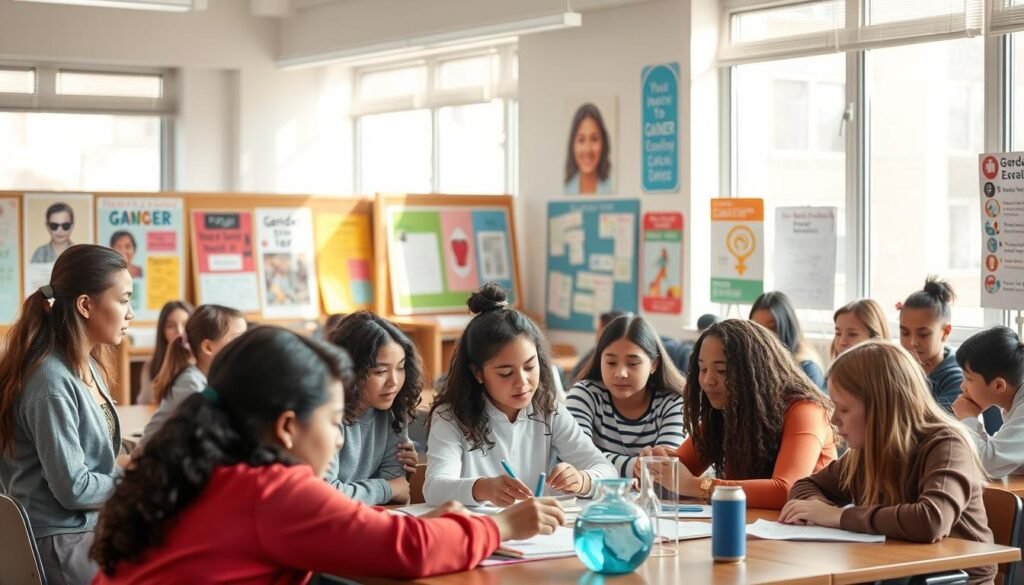 A classroom scene with diverse students of all genders, engaged in collaborative learning activities. Soft, natural lighting filters through large windows, creating a warm, inclusive atmosphere. In the foreground, a group of students work together on a STEM project, their expressions focused and engaged. In the middle ground, a teacher facilitates a discussion, encouraging equal participation and encouraging students to share their perspectives. In the background, various educational displays and posters promote messages of gender equality and empowerment. The overall mood is one of openness, respect, and a shared commitment to fostering an equitable educational environment.