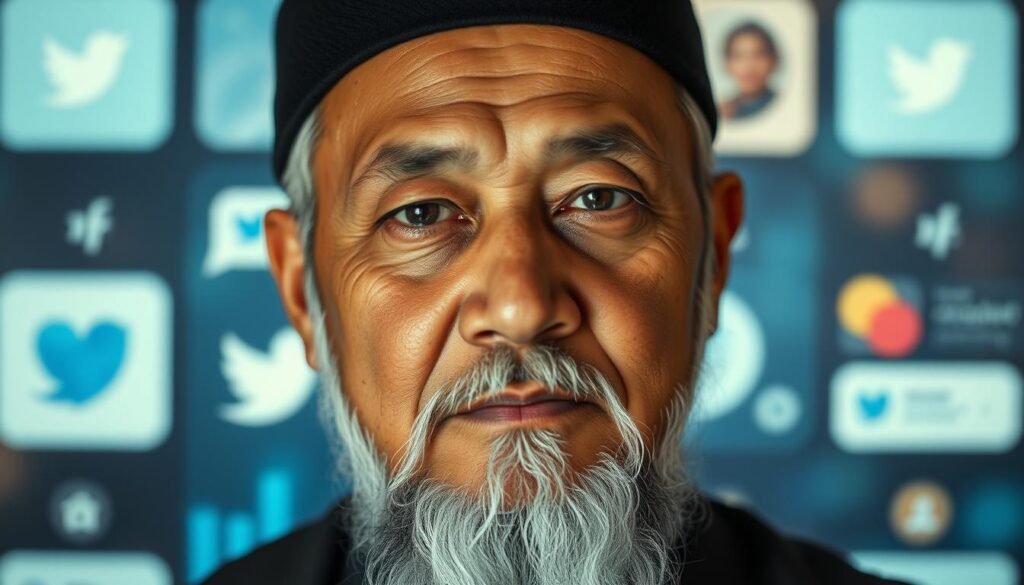 A close-up portrait of Habib Ali Alwi bin Thohir, a renowned Indonesian Islamic scholar, against a blurred social media interface background. Habib Ali's face is illuminated by soft, directional lighting, capturing his thoughtful expression and dignified features. The background showcases stylized social media icons, hashtags, and UI elements, hinting at his active digital presence and engagement with his followers. The overall composition and mood convey a sense of the cleric's influential status and connection with his audience through modern communication channels.