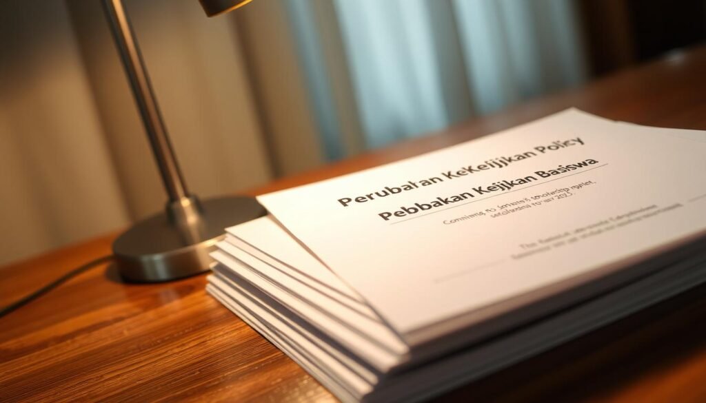 A close-up view of a stack of papers representing the latest changes to a public policy scholarship program. The top document's heading reads "Perubahan Kebijakan Beasiswa" (Changes to Scholarship Policy), casting a warm glow from a desk lamp illuminating the scene. The papers are placed on a polished wooden table, with a sense of thoughtfulness and anticipation surrounding the forthcoming policy updates. The background is slightly blurred, focusing the viewer's attention on the important documents signifying the evolving scholarship landscape for the year 2025.