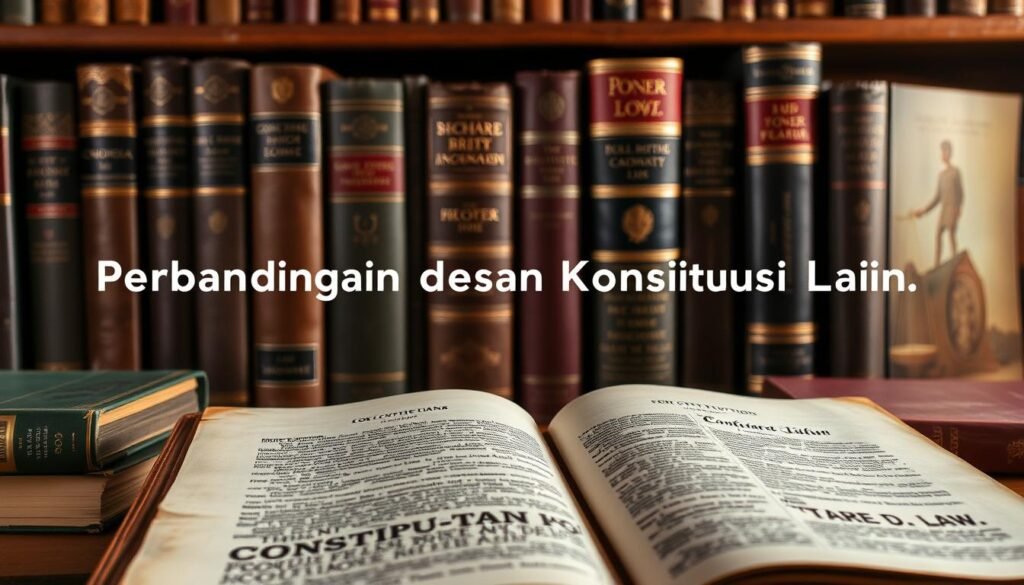 A comparative study of the 1945 Constitution of Indonesia, set against a backdrop of a bookshelf filled with legal tomes. In the foreground, the constitution's pages are displayed, their weathered edges and faded text conveying a sense of history and significance. Surrounding the constitution are other constitutions from around the world, their covers and spines showcasing their diverse designs and origins. The lighting is warm and subdued, casting a contemplative glow over the scene, inviting the viewer to ponder the similarities and differences between these foundational documents. The composition is balanced and visually striking, capturing the essence of the "Perbandingan dengan Konstitusi Lain" section of the article.