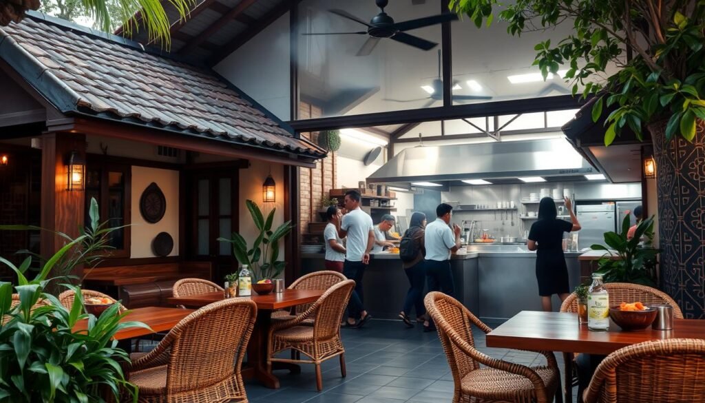 A cozy, traditional family restaurant in Surabaya, Indonesia. A warm, inviting exterior with a tiled roof, wooden accents, and lush greenery surrounding the entrance. Step inside to a spacious dining area with wooden tables, woven rattan chairs, and traditional batik patterns adorning the walls. Soft, natural lighting filters through large windows, creating a welcoming ambiance. In the background, a busy open kitchen showcases the skilled chefs preparing authentic Indonesian dishes. The aroma of spices and simmering stews fills the air, beckoning diners to savor the homemade flavors. This family-owned establishment exudes a sense of comfort and familiarity, perfect for a casual, intimate meal with loved ones.
