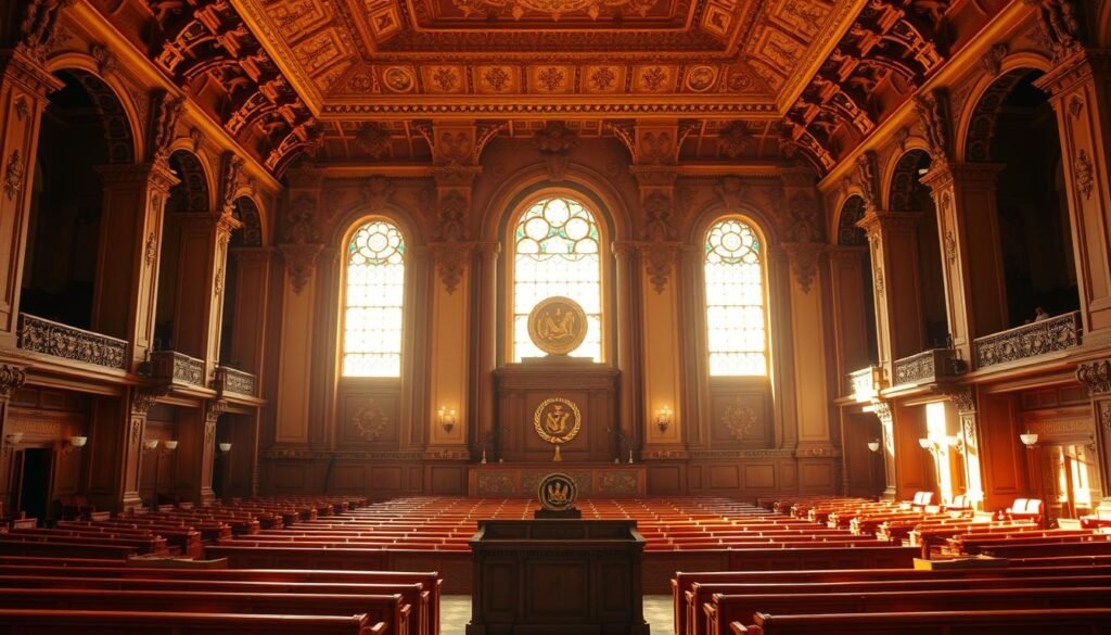 A grand, ornate hall with intricate architectural details, illuminated by warm, natural lighting. The focus is a central podium, adorned with the official seal of the Indonesian government. Surrounding the podium, rows of wooden benches create an atmosphere of solemn deliberation. In the background, stained glass windows cast a soft, ethereal glow, symbolizing the timeless significance of the Indonesian Constitution. The scene conveys a sense of history, tradition, and the weight of governance, capturing the essence of the "Amandemen UUD1945" section.