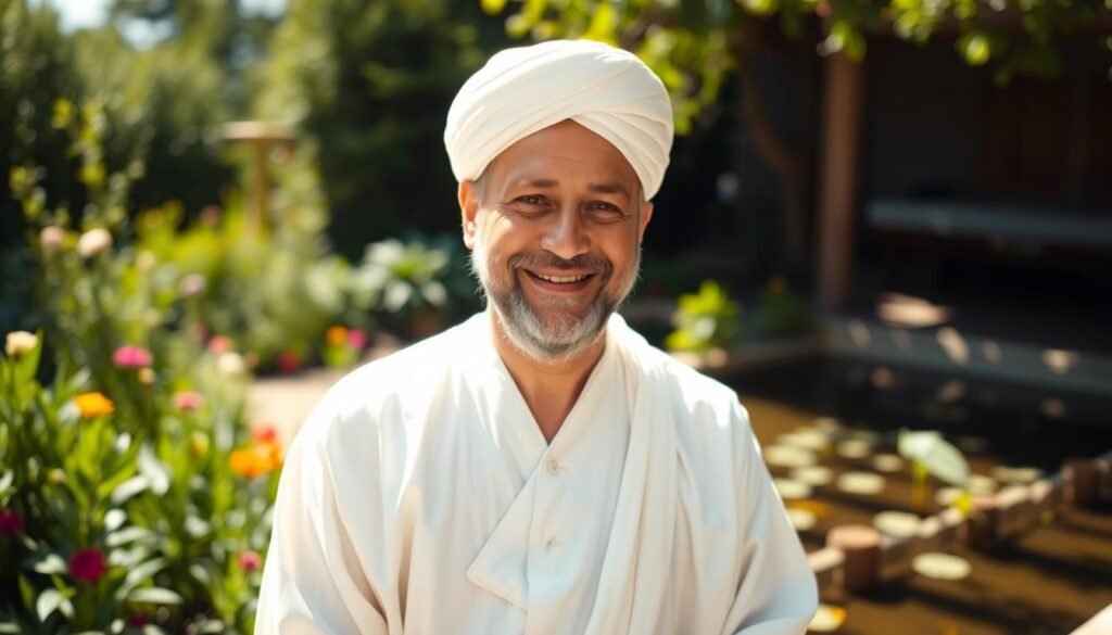 A middle-aged man with a warm, benevolent expression standing in a sunlit, peaceful setting. He wears a traditional white robe and turban, conveying a sense of wisdom and spiritual authority. The background features a lush, verdant garden with vibrant flowers and a serene pond, creating an atmosphere of tranquility. Soft, directional lighting from the side gently illuminates his face, highlighting his kind features. The scene is captured with a medium-wide angle lens, allowing the viewer to appreciate both the subject and the calming environment around him.