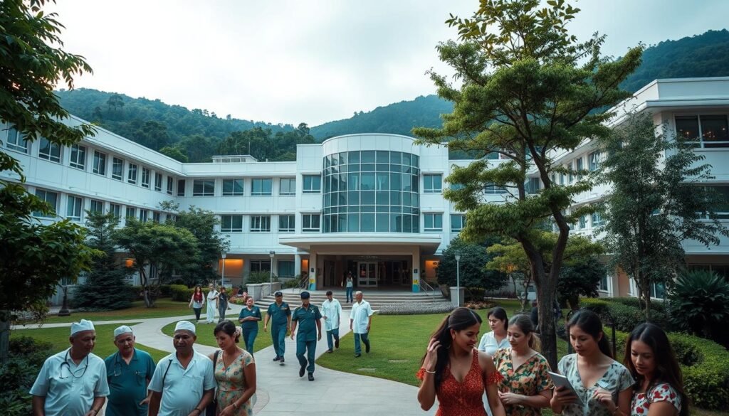 A modern, well-equipped hospital campus nestled within a lush, verdant landscape. The main building, a striking architectural blend of traditional military elements and contemporary medical design, stands proudly at the center. Uniformed medical personnel move with purpose between the main entrance and adjacent facilities, showcasing the seamless synergy of military precision and healthcare excellence. In the foreground, a group of patients, diverse in age and background, are being attended to with the utmost care and compassion. The scene exudes a sense of order, professionalism, and a deep commitment to serving the community. Soft, diffused lighting casts a warm, reassuring glow over the entire setting, underscoring the hospital's role as a sanctuary of healing and wellbeing.