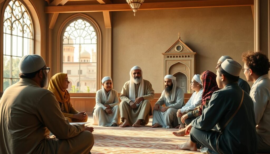 A serene and contemplative scene of Islamic education in a pluralistic world. In the foreground, a diverse group of students sit in a circle, engaged in thoughtful discussion, their expressions reflecting the rich exchange of ideas. The middle ground features a teacher, dressed in traditional garb, guiding the dialogue with a gentle demeanor. In the background, a blend of architectural styles from different faiths creates a harmonious backdrop, symbolizing the inclusive nature of the educational setting. Warm, natural lighting filters through large windows, casting a soft glow and creating an atmosphere of intellectual curiosity and spiritual awareness.