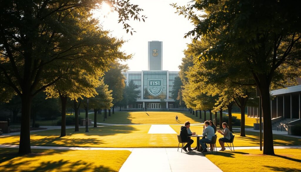 A serene campus landscape, with a manicured lawn and trees lining the path. In the foreground, a group of students gathered around a table, discussing educational opportunities. Warm sunlight filters through the branches, casting a gentle glow on the scene. In the middle ground, a modern academic building stands tall, its glass facade reflecting the tranquil environment. In the background, a university crest or emblem is prominently displayed, symbolizing the institution's commitment to supporting students' educational journeys. The overall atmosphere conveys a sense of opportunity, community, and the transformative power of education.