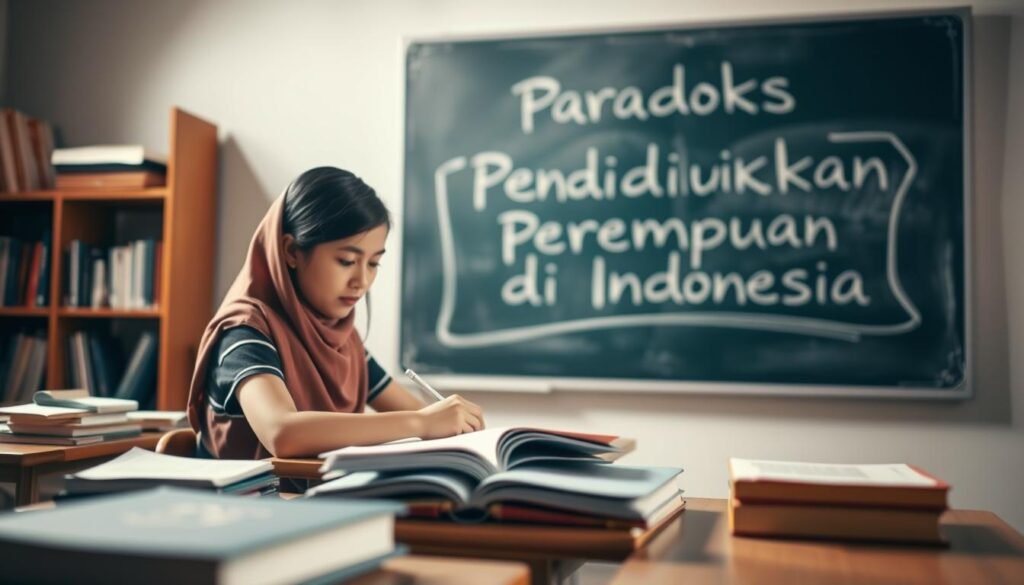 A serene classroom scene with a female student studying diligently, surrounded by books and educational materials. In the background, a chalkboard with the phrase "Paradoks Pendidikan Perempuan di Indonesia" written on it. The lighting is soft and warm, creating a contemplative atmosphere. The perspective is from a slightly elevated angle, emphasizing the student's focus and the educational setting. The overall mood conveys the complexities and challenges faced by women in accessing quality education in Indonesia.