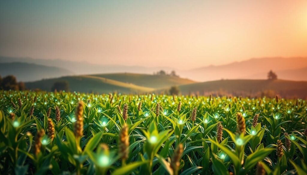 A serene field of lush, verdant aura plants swaying gently in the soft breeze. The plants emit a mesmerizing, ethereal glow, their luminescent energy pulsing and radiating outward. In the background, a hazy, dreamlike landscape of rolling hills and a tranquil sky bathed in warm, golden light. The scene conveys a sense of natural harmony and the mystical power of aura cultivation. Shot with a wide-angle lens to capture the expansive, immersive atmosphere, and lit with soft, diffused lighting to highlight the glowing aura plants. An image that evokes the growing global fascination with the spiritual and wellness-focused practice of aura farming.