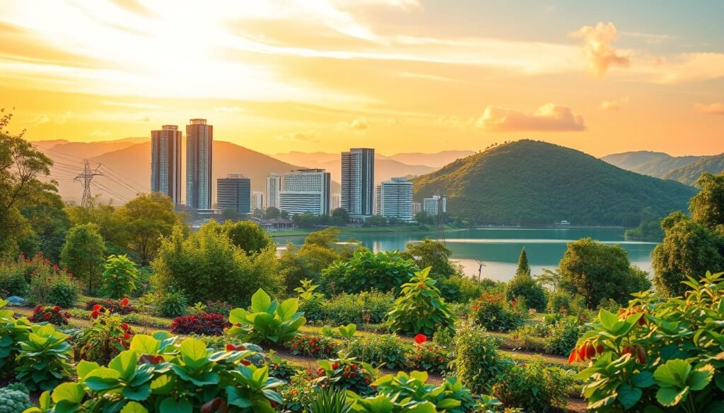 A serene landscape depicting the harmonious integration of economic development and environmental sustainability. In the foreground, a thriving community garden showcases a diverse array of organic produce, symbolizing the shift towards a self-sustaining and eco-friendly economy. In the middle ground, modern yet energy-efficient buildings stand tall, their sleek designs and renewable energy sources signifying a commitment to sustainable urban planning. The background features lush, verdant hills and a clear, tranquil lake, conveying a sense of balance and harmony between human activity and the natural world. Warm, golden lighting filters through wispy clouds, creating a peaceful, contemplative atmosphere that embodies the essence of "Pengembangan Ekonomi Berkelanjutan."