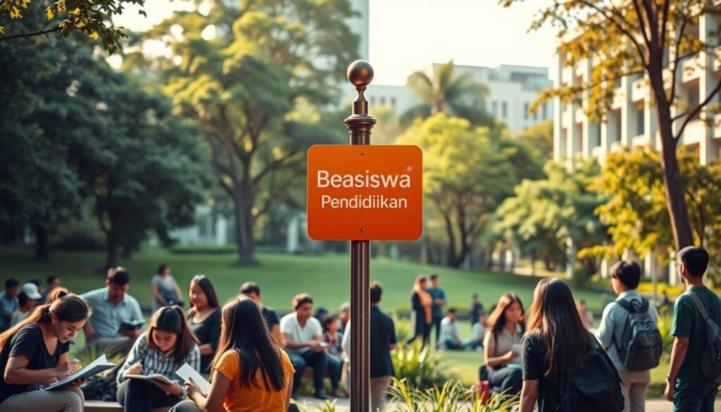A serene university campus with lush greenery and modern buildings in the background. In the foreground, a diverse group of students - some studying intently, others engaged in animated discussions. Warm, natural lighting illuminates the scene, conveying a sense of intellectual vibrancy and personal growth. The middle ground features a signpost highlighting the "Beasiswa Pendidikan" program, its elegant design and vibrant colors catching the eye. The overall composition evokes the multi-faceted benefits of educational scholarships - financial support, academic enrichment, and personal development.
