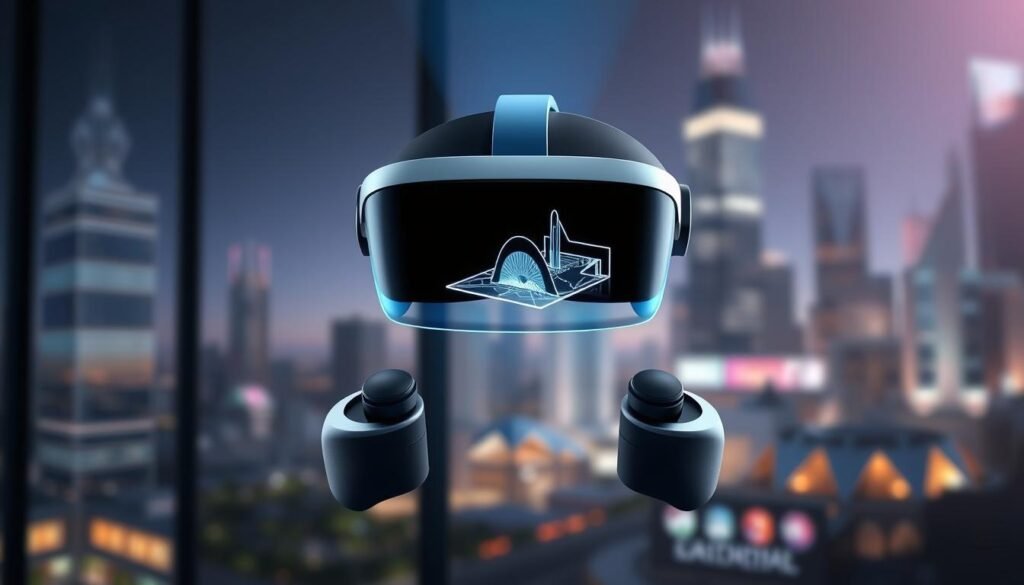 A sleek, modern illustration showcasing the key components of augmented reality technology. In the foreground, a virtual AR display hovers, projecting a three-dimensional, interactive holographic image. In the middle ground, the AR headset and hand controllers are prominently featured, their clean, minimalist design highlighted by dramatic studio lighting. The background features a blurred, futuristic cityscape, hinting at the transformative potential of this immersive technology. The overall mood is one of innovation, sophistication, and the seamless integration of the digital and physical realms.