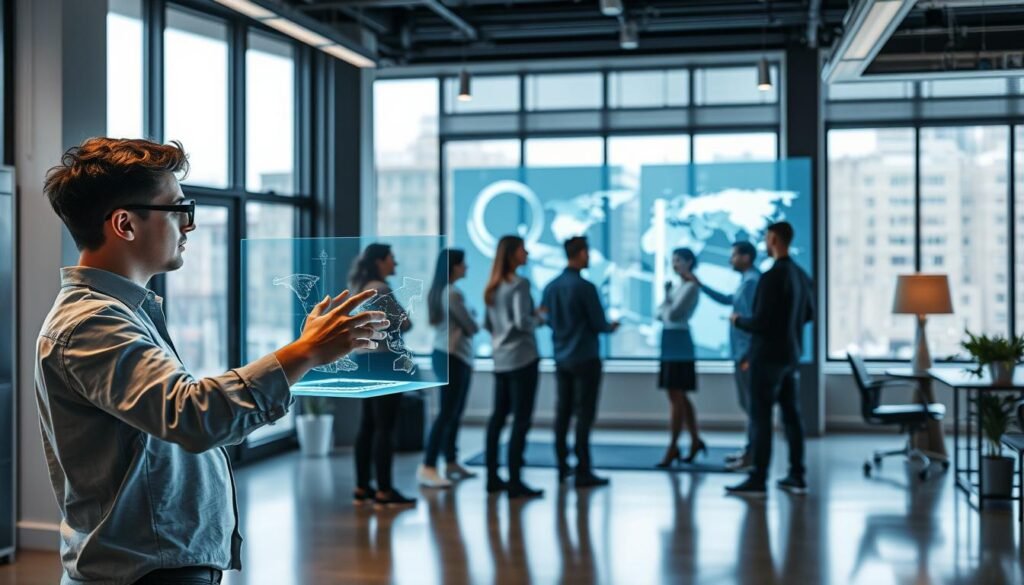 A sleek, modern office space showcasing the integration of augmented reality technology. In the foreground, a young professional interacts with a holographic display, manipulating 3D models with intuitive hand gestures. The middle ground features a group of colleagues collaborating on a shared AR projection, blending the virtual and physical worlds seamlessly. In the background, large windows provide natural lighting, creating a bright and airy atmosphere. The scene conveys a sense of innovation, productivity, and the transformative power of AR in reshaping the way we work, learn, and engage with information.