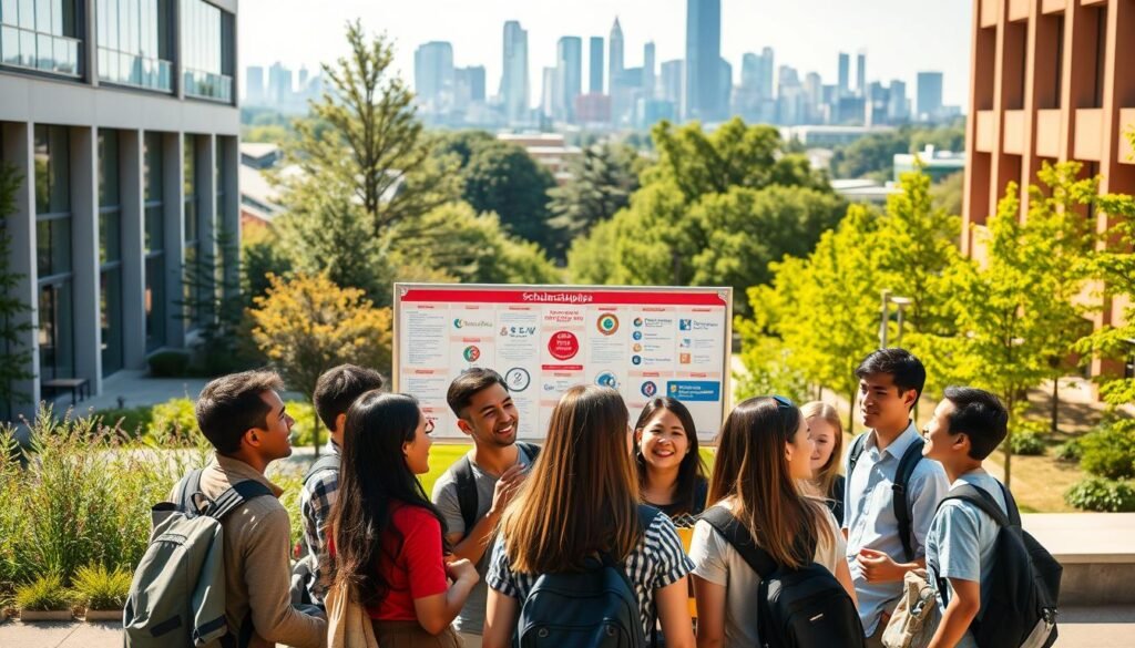 A sleek, modern university campus with lush greenery and contemporary architecture. In the foreground, a group of diverse students enthusiastically discussing scholarship opportunities, their faces lit by the warm, natural sunlight. In the middle ground, a large bulletin board showcases various scholarship program logos and details, conveying the breadth of available options. The background depicts a vibrant city skyline, hinting at the wider world of possibilities these scholarships can unlock. The overall scene exudes a sense of excitement, potential, and the transformative power of education.