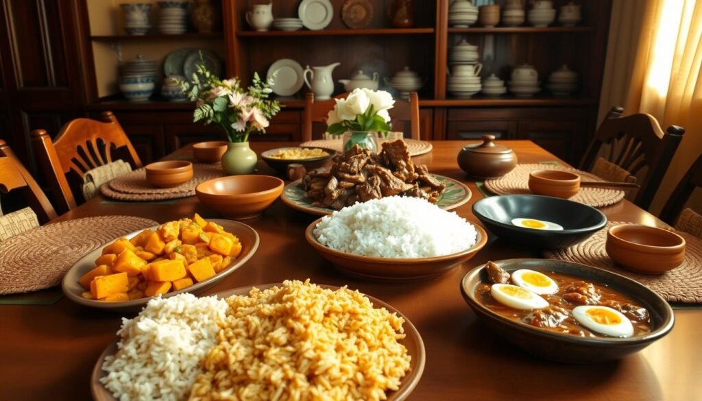 A traditional family-style dining table set with an assortment of homemade Indonesian dishes. In the foreground, a spread of nasi goreng (fried rice), sayur labu (pumpkin stew), and telur dadar (fried eggs). In the middle, a large platter of rendang daging (beef stew) and steamed white rice. In the background, a wooden cabinet displays antique ceramic plates and bowls. Warm, natural lighting casts a golden glow, creating a cozy and inviting atmosphere. The table is adorned with woven placemats, clay serving dishes, and a vase of fresh flowers, evoking a sense of timeless, rustic elegance.