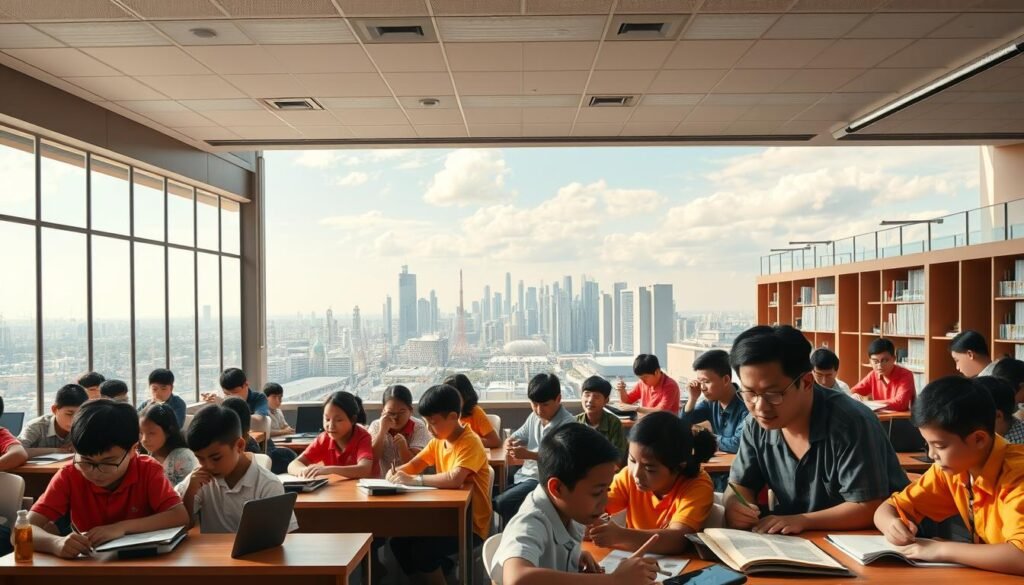 A vibrant, panoramic scene depicting the positive impacts of 13-year compulsory education in Indonesia. In the foreground, a diverse group of students of all ages enthusiastically engaged in various learning activities - coding, reading, experimenting, and collaborating. The middle ground showcases modern, well-equipped educational facilities with bright, airy classrooms and cutting-edge technology. In the background, a skyline of thriving cities and bustling industries, symbolizing the enhanced economic opportunities and social mobility enabled by the extended education system. Warm, natural lighting filters through large windows, creating a sense of optimism and progress. The overall atmosphere radiates the transformative power of lifelong learning to empower individuals, strengthen communities, and propel the nation forward.