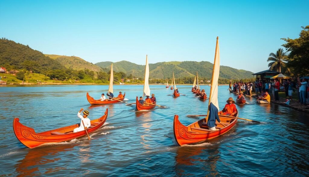 A vibrant scene of the traditional Pacu Jalur boat race in a lush, riverside setting. In the foreground, sleek, hand-carved wooden boats glide across the tranquil waters, their ornate prows and sails billowing in the gentle breeze. Skilled rowers, dressed in colorful traditional garments, propel the boats forward with synchronized strokes. The middle ground features spectators lining the riverbanks, capturing the excitement with cameras and cheering on the racers. In the background, a backdrop of verdant, rolling hills and a clear, azure sky creates a serene, picturesque atmosphere, evoking the rich cultural heritage and natural beauty of the local landscape. Warm, golden lighting bathes the scene, conveying a sense of timelessness and connection to the region's enduring traditions.