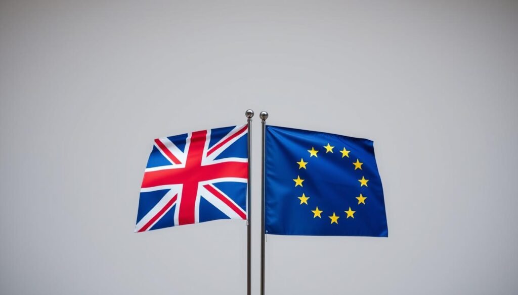 Bendera Inggris dan Uni Eropa berdampingan melambangkan hubungan baru pasca-Brexit Bendera Inggris dan Uni Eropa berdampingan melambangkan hubungan baru pasca-Brexit