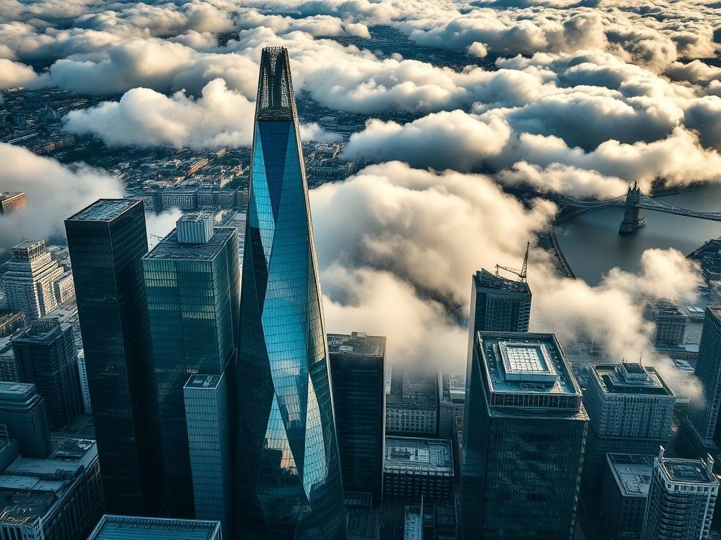 Distrik keuangan London dengan gedung-gedung pencakar langit yang menunjukkan pusat keuangan Inggris pasca-Brexit Distrik keuangan London dengan gedung-gedung pencakar langit yang menunjukkan pusat keuangan Inggris pasca-Brexit