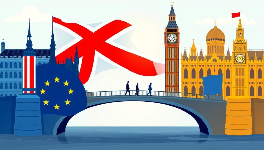 Ilustrasi konseptual tentang masa depan Hubungan Inggris-Uni Eropa pasca-Brexit dengan jembatan simbolis menghubungkan kedua entitas Ilustrasi konseptual tentang masa depan Hubungan Inggris-Uni Eropa pasca-Brexit dengan jembatan simbolis menghubungkan kedua entitas