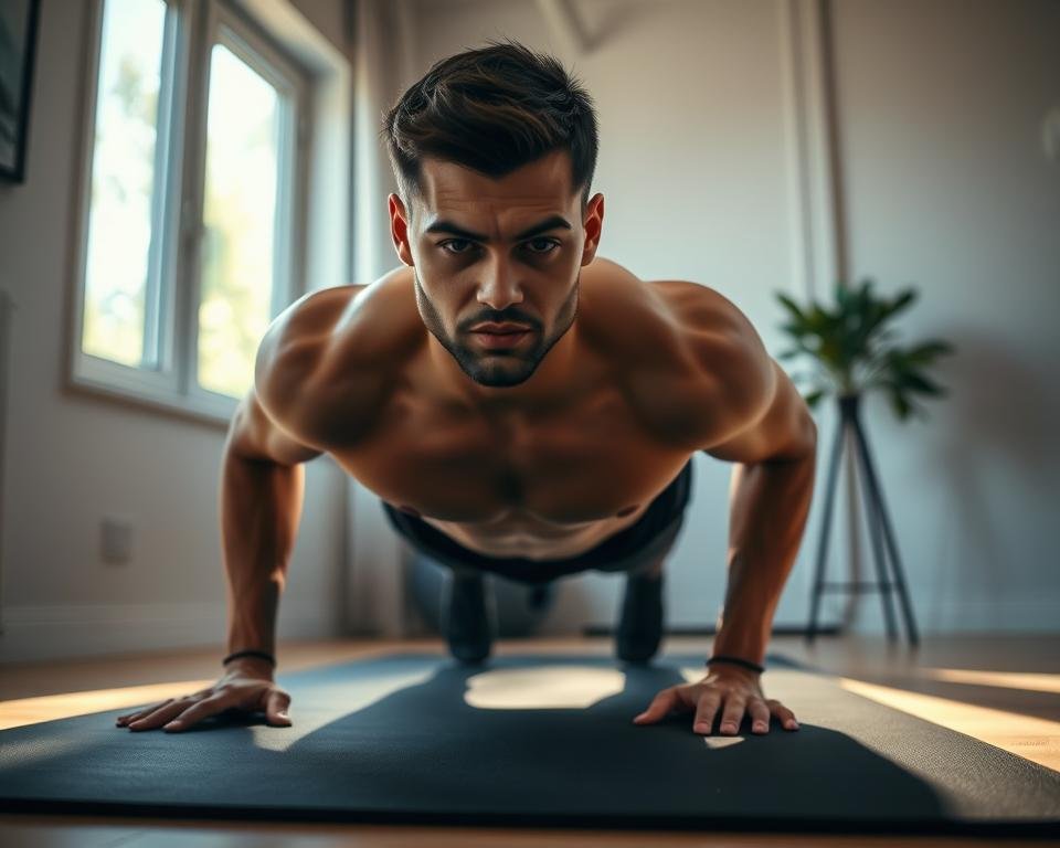 Seseorang memulai rutinitas latihan push-up di rumah, menggambarkan awal konsistensi latihan ringan