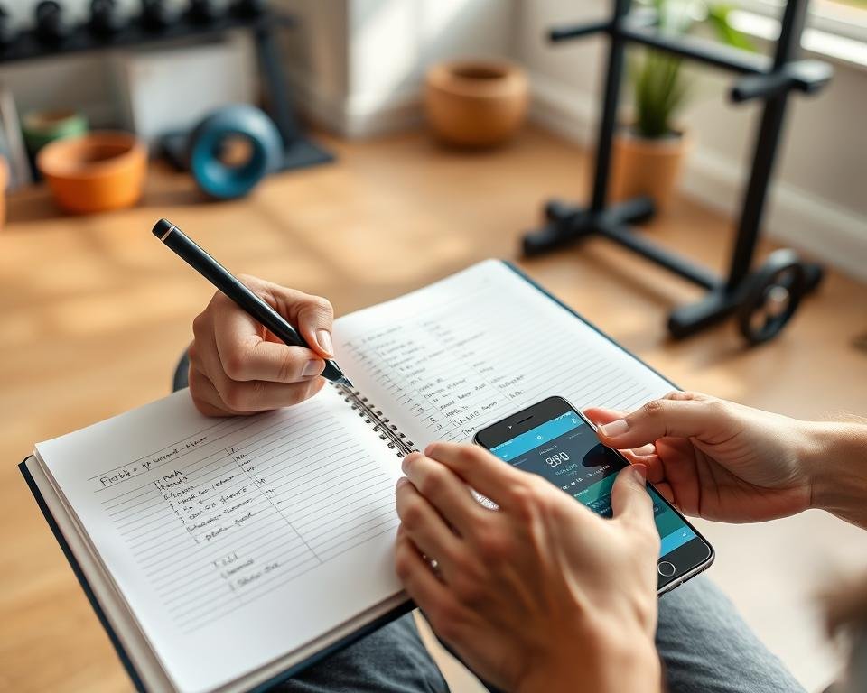 Seseorang mencatat progres latihan push-up dan sit-up dalam jurnal kebugaran
