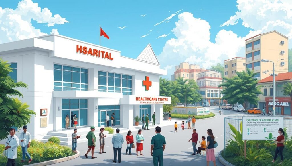 a detailed and realistic digital illustration of a busy community healthcare center operated by the Indonesian military, showcasing its role in empowering and supporting the local population. The scene depicts the exterior of a modern, well-equipped hospital building with clean, bright architecture and lush landscaping. In the foreground, patients and their families can be seen entering the facility, greeted by friendly medical staff. The middle ground features various outreach and educational activities, such as health screenings, consultations, and community workshops. In the background, the bustling streets of an urban neighborhood reflect the hospital's integration with the local community. The overall mood is one of warmth, efficiency, and a strong sense of the military's commitment to public health and social welfare.