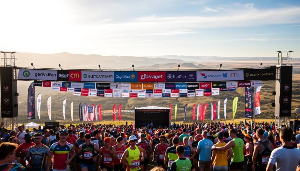 A bustling outdoor event, with a large crowd gathered around a prominent stage. In the foreground, a group of athletes in colorful running gear, emblazoned with the logos of various sponsor brands. The middle ground showcases a diverse array of sponsor banners and flags, creating a vibrant and energetic atmosphere. In the background, a picturesque landscape unfolds, with rolling hills and a clear sky illuminated by warm, golden sunlight. The scene conveys a sense of excitement, community, and the integral role that sponsorship plays in supporting and elevating this obstacle run competition.