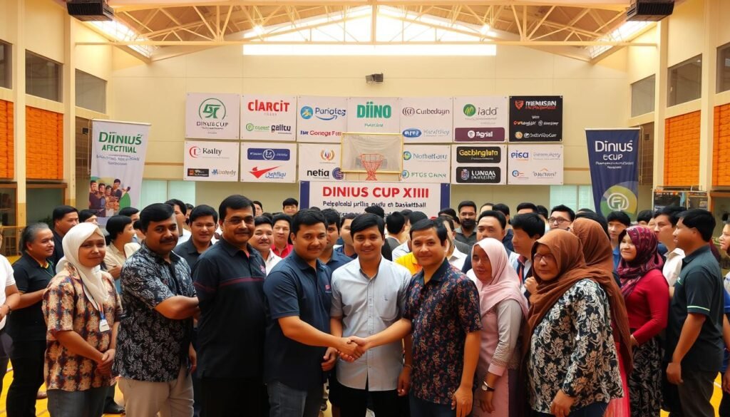 A bustling scene of corporate partnership and community support, capturing the essence of "Dukungan Sponsor dan Mitra". In the foreground, a diverse group of individuals representing various industries shake hands, solidifying their collaborative efforts. In the middle ground, banners and signage feature the logos of prestigious sponsors, conveying their commitment to the event. The background showcases a modern, well-equipped sports facility, hinting at the high-caliber nature of the Dinus Cup XVIII basketball tournament. Warm, inviting lighting illuminates the scene, creating a sense of enthusiasm and camaraderie. The composition emphasizes the harmonious convergence of corporate entities and the local community, united in their shared vision of nurturing future basketball talents.