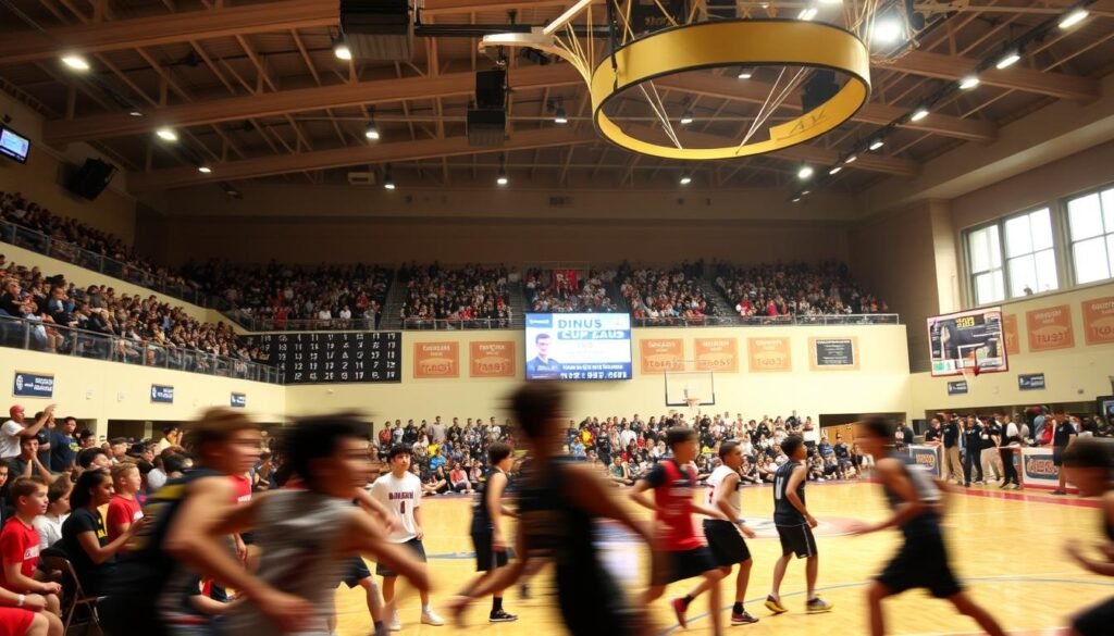 A bustling sports arena, filled with the excitement of the Dinus Cup XVIII basketball tournament. In the foreground, young athletes compete with fierce determination, their movements captured in a blur of motion. The middle ground showcases the enthusiastic crowd, a sea of faces reflecting the energy and camaraderie of the event. In the background, the arena's modern architecture frames the scene, its clean lines and vibrant colors adding to the dynamic atmosphere. Soft, warm lighting illuminates the players, casting dynamic shadows and highlighting the intensity of the game. The overall mood is one of unity, as the community comes together to celebrate the talents and potential of the next generation of basketball stars.