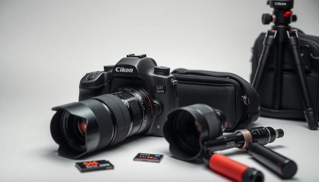 A high-quality, professional-looking photograph of camera equipment and accessories, including a DSLR camera with a prime lens, a camera bag, memory cards, and a tripod. The image is set against a clean, minimalist background, with soft, even lighting that highlights the textures and details of the gear. The overall tone is one of simplicity, elegance, and attention to quality. The frame is composed to showcase the equipment in a visually appealing and balanced manner, emphasizing the importance of using the right tools to capture high-quality images.