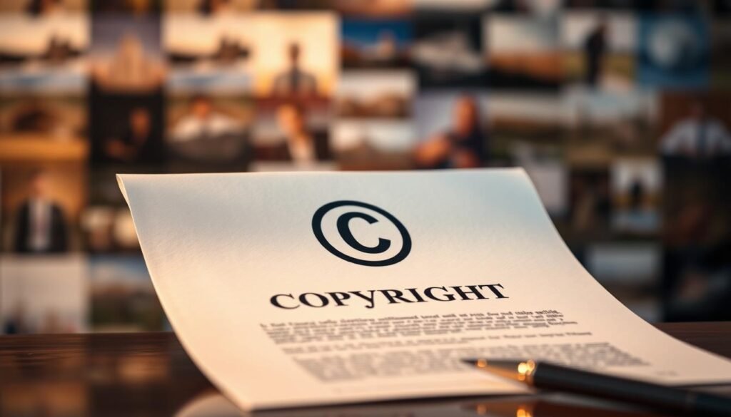 A legal document with a copyright symbol prominently displayed, positioned against a blurred background showcasing an array of photographs. The document is illuminated by soft, warm lighting, creating a sense of professionalism and authority. The overall composition emphasizes the importance of understanding copyright laws and licensing requirements when selling photos online, reflecting the subject matter of the article section.