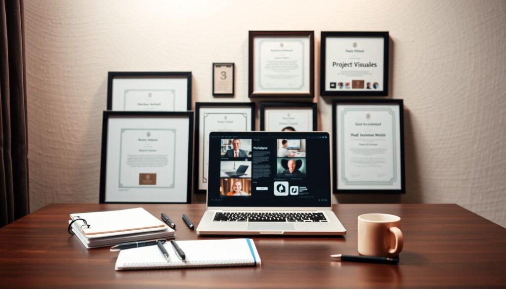 A professional software engineer's portfolio of successful IT projects, showcased against a modern, minimalist background. The foreground features a sleek, silver laptop displaying project visuals, surrounded by a neatly organized array of notebooks, pens, and a coffee mug. The middle ground includes framed certificates and awards, conveying the consultant's expertise and accolades. The background comprises a subtle, textured wall in a calming neutral shade, creating a sophisticated, polished atmosphere. Soft, directional lighting accentuates the portfolio's carefully curated elements, inviting the viewer to explore the consultant's impressive track record of delivering impactful IT solutions.