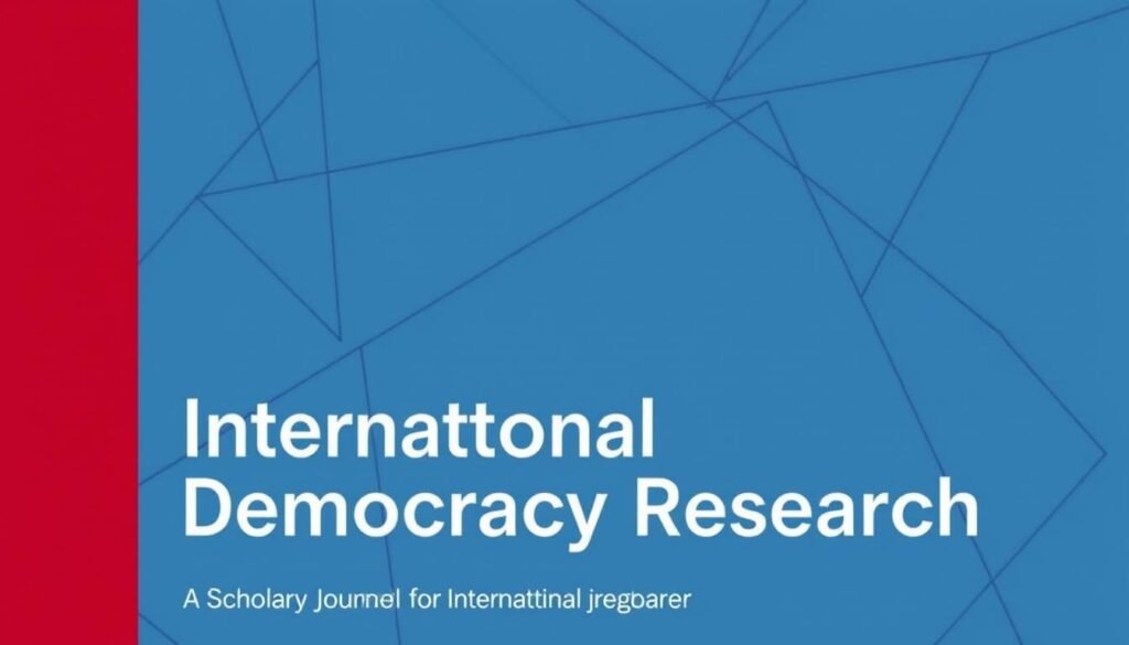 A scholarly journal cover featuring a geometric design in shades of blue, with intersecting lines and shapes symbolizing the collaborative nature of international democracy research. The cover has a minimalist, elegant aesthetic, conveying a sense of intellectual rigor and global cooperation. The layout is balanced and visually striking, with a clean, professional appearance suitable for an academic publication.