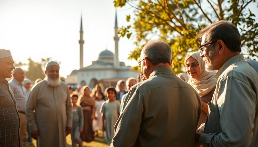 A serene community gathering, bathed in warm afternoon light. In the foreground, a group of men and women engaged in animated discussion, their faces alight with the spirit of Islamic education. In the middle ground, children play joyfully, their laughter echoing the harmony of the scene. Framing the gathering, a traditional mosque stands tall, its minarets reaching towards the sky, symbolizing the central role of faith in this community's approach to character development. The atmosphere is one of inclusivity, collaboration, and a shared commitment to nurturing the next generation's moral and spiritual growth.