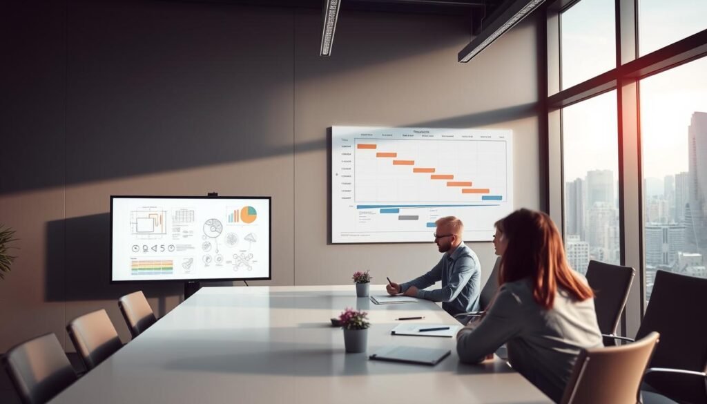 A sophisticated project management process unfolding in a sleek, modern office setting. In the foreground, a team of computer engineers and designers collaborate intently around a large conference table, discussing technical schematics and diagrams projected on a wall-mounted display. Soft, directional lighting accentuates their focused expressions and the clean, minimalist aesthetic of the space. In the middle ground, a Gantt chart on a digital whiteboard tracks the project's timeline and milestones. The background features floor-to-ceiling windows overlooking a bustling cityscape, creating a sense of professionalism and productivity. The overall scene conveys a methodical, efficient approach to IT project management.
