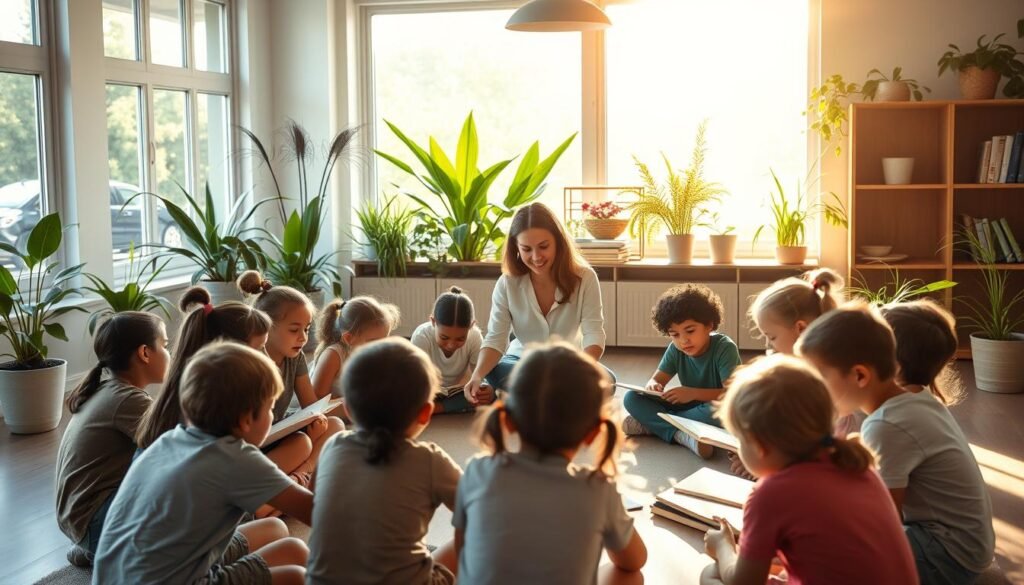 A tranquil, sun-dappled classroom with students engaged in thoughtful, collaborative learning. In the foreground, a diverse group of children sit in a circular arrangement, their faces aglow with curiosity and wonder as they pore over books and materials. Soft, natural lighting filters in through large windows, casting a warm, inviting glow. In the middle ground, the teacher, a compassionate, guiding presence, facilitates the lesson, encouraging open dialogue and holistic understanding. The background depicts vibrant, verdant plants and nature-inspired decor, fostering a harmonious, nurturing environment conducive to holistic growth and development.