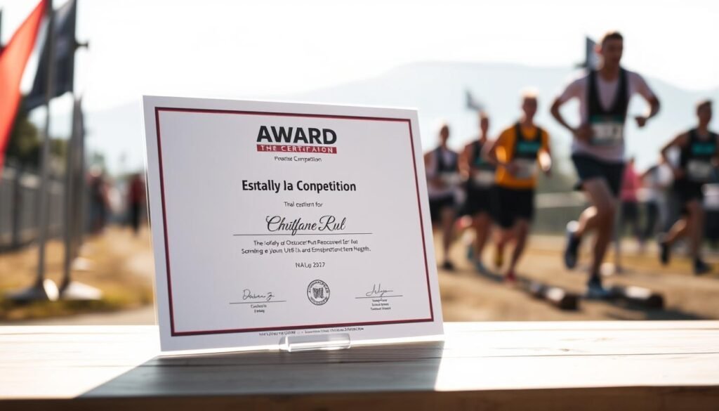 An award certificate for an obstacle run competition, printed on high-quality paper with a modern, minimalist design. The certificate is set against a blurred background of an obstacle course, with silhouettes of runners visible in the distance. The lighting is soft and natural, creating a sense of warmth and celebration. The certificate features the event logo, the winner's name, and the competition details in a clean, legible font. The composition is balanced, with the certificate taking center stage and the background elements providing context without distracting from the main focus.