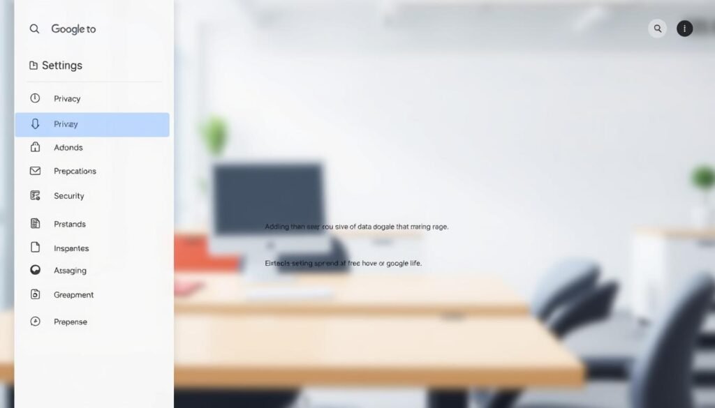 A clean, well-organized Google account settings interface with intuitive icons and user-friendly menus. The layout is minimalist and visually appealing, with a serene blue-gray color palette. The main settings options are displayed in the foreground, including privacy, security, and data management controls. In the middle ground, there are subtle animations highlighting specific settings as the user hovers over them. The background features a blurred office scene, suggesting a productive, focused environment for managing one's digital life. Soft, directional lighting casts a gentle glow over the entire scene, creating a sense of clarity and professionalism.