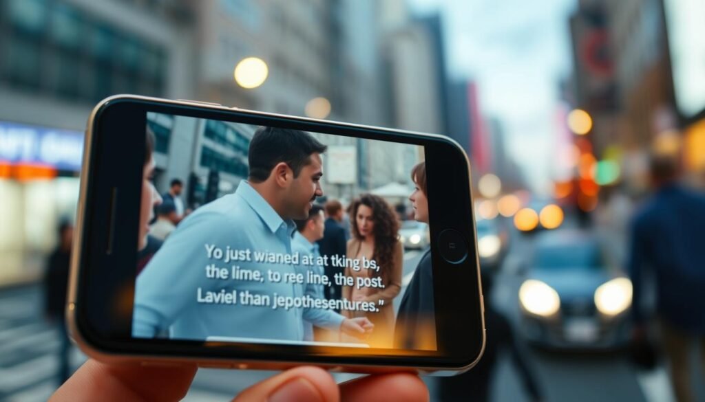 A close-up of an iPhone screen displaying live captions for a conversation happening in a lively urban setting. The screen shows clear, concise subtitles appearing in real-time as the speakers talk, set against a blurred background of city streets, people, and vehicles. The interface is sleek and intuitive, with a minimalist design that seamlessly integrates the live captioning feature. Soft, warm lighting illuminates the scene, creating a sense of clarity and focus on the device's functionality. The angle is slightly tilted, giving the viewer an immersive, user-centric perspective. The overall mood is one of practicality and technological innovation, showcasing how live captions can enhance communication in noisy, crowded environments.