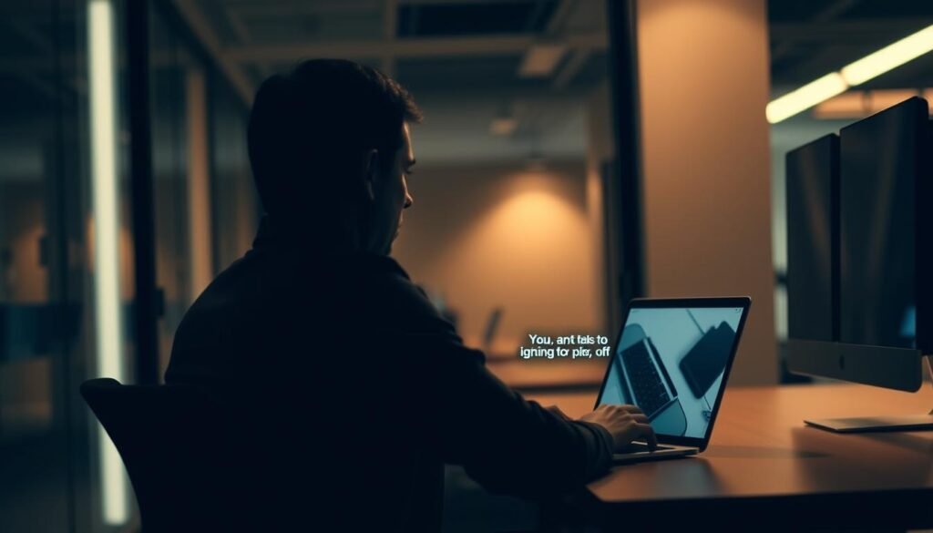 A dimly lit modern office space, with a person sitting at a desk using a laptop. The laptop's screen displays a conversation with subtitles appearing dynamically, reflecting the spoken dialogue. The subtitles are crisp, clear, and well-positioned, providing an intuitive and seamless captioning experience. The lighting is subtle, creating a warm, focused atmosphere that draws the viewer's attention to the captioning feature. The angle is slightly elevated, providing a natural, unobtrusive perspective on the scene. The overall mood is one of efficiency, technology, and ease of use, capturing the essence of the "Live Caption iOS" feature.