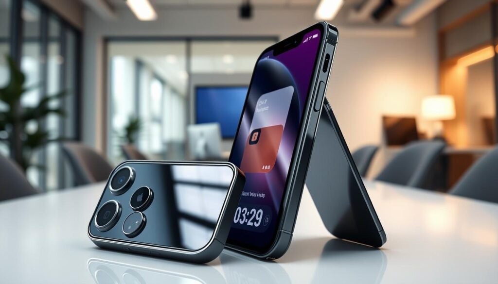 A sleek, innovative first-generation foldable iPhone by Apple, displaying a striking modern design with premium materials and seamless folding mechanism. The iPhone is prominently positioned in the foreground, showcasing its elegant screen and camera features, with reflections highlighting its glossy surface. In the middle ground, a subtle representation of the iOS interface can be included, hinting at new features optimized for foldable devices. In the background, an office environment adds context, featuring soft, natural lighting that creates an inviting atmosphere. The angle should be slightly tilted to emphasize the device's unique design. The overall mood is futuristic and professional, evoking excitement about new technology advancements. No text or logos.