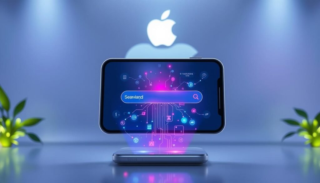 A sleek, modern digital interface representing an AI search platform, set against a backdrop of an Apple-themed aesthetic. In the foreground, a large transparent smartphone displays a user-friendly knowledge retrieval application, showcasing an elegant search bar with glowing accents. The middle layer features holographic elements emanating from the device, illustrating the flow of information in vibrant colors. In the background, hints of lush green and silver Apple branding create a tech-savvy atmosphere. Soft, ambient lighting emanates from the smartphone, casting a gentle glow across the scene. The overall mood is futuristic and innovative, evoking a sense of discovery and advanced technology as it relates to Apple's ecosystem.