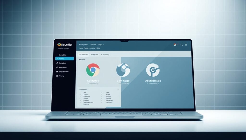 A sleek, modern website interface showcasing seamless compatibility across content management systems, web browsers, and accessibility features. In the foreground, a clean and minimalist dashboard layout with intuitive user controls and responsive design. The middle ground features cross-browser compatibility icons, highlighting the website's ability to render consistently across popular platforms. In the background, a subtle grid pattern symbolizes the technical foundations enabling accessible and inclusive digital experiences. Soft lighting and muted colors convey a professional, enterprise-ready aesthetic. The overall composition emphasizes the importance of website compatibility in delivering high-quality, accessible digital content.