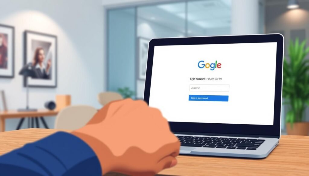 A stylized, realistic illustration of a Google account login page. The foreground features a laptop screen displaying a clean, minimalist Google sign-in interface with input fields for username and password. The middle ground shows a hand reaching towards the laptop, emphasizing the interactive nature of the scene. The background depicts a blurred office environment with subtle details like desk accessories and framed artwork, conveying a professional, corporate setting. The lighting is soft and diffused, creating a warm, inviting atmosphere. The overall composition and color palette evoke a sense of security, privacy, and technology.
