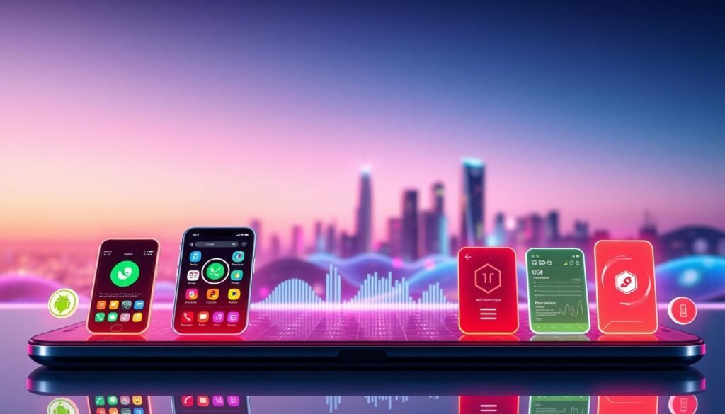 A vibrant digital landscape depicting a collection of mobile detection apps on a sleek, semi-transparent user interface. The foreground showcases a range of app icons and interfaces, highlighting their various functionalities such as virus scanning, app permissions monitoring, and network activity tracking. The middle ground features a dynamic, pulsing data visualization, representing the real-time detection and analysis of potential threats. In the background, a subtle, futuristic cityscape emerges, symbolizing the ubiquity of mobile devices and the need for robust security solutions. The scene is illuminated by a cool, neon-infused lighting, evoking a sense of technological sophistication and the importance of proactive security measures in the digital age. A vibrant digital landscape depicting a collection of mobile detection apps on a sleek, semi-transparent user interface. The foreground showcases a range of app icons and interfaces, highlighting their various functionalities such as virus scanning, app permissions monitoring, and network activity tracking. The middle ground features a dynamic, pulsing data visualization, representing the real-time detection and analysis of potential threats. In the background, a subtle, futuristic cityscape emerges, symbolizing the ubiquity of mobile devices and the need for robust security solutions. The scene is illuminated by a cool, neon-infused lighting, evoking a sense of technological sophistication and the importance of proactive security measures in the digital age.