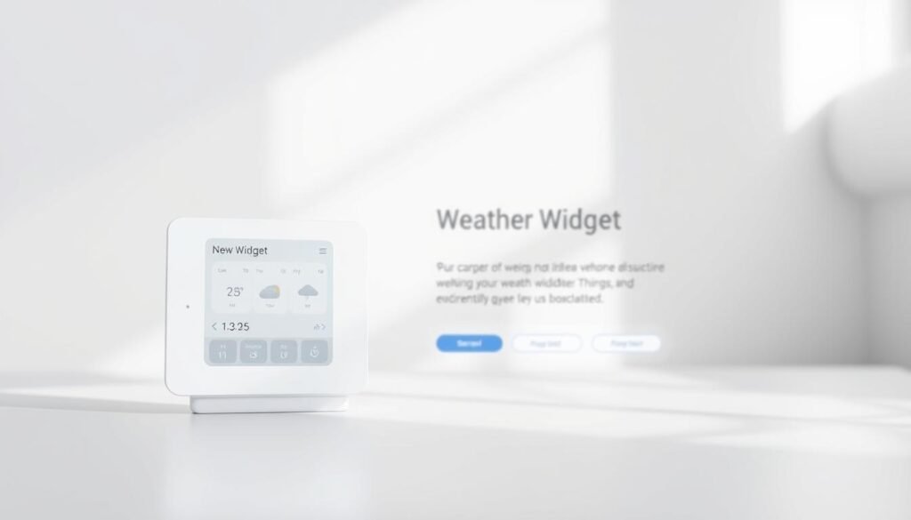 A website interface showcasing a weather widget, captured in a clean, modern aesthetic. The foreground features a prominent widget displaying current weather conditions, including temperature, humidity, and precipitation chances, set against a minimalist white background. The middle ground presents the website's responsive layout, with clean typography and intuitive navigation elements. In the background, a subtle gradient or textured pattern provides a tasteful visual backdrop, enhancing the overall design. The lighting is soft and diffused, creating a serene, inviting atmosphere. The camera angle is slightly tilted, adding a touch of dynamism to the composition. The overall mood is one of simplicity, clarity, and functionality, reflecting the purpose of a weather widget website.