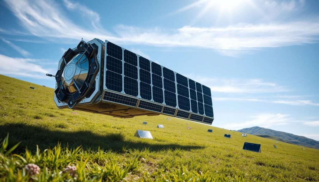 A Starlink satellite designed to resemble the size of a dining table, showcased in a sleek and modern design. In the foreground, the satellite is depicted with intricate technical details, including its solar panels and antennae, shining under bright sunlight. The middle ground features a grassy landscape with scattered high-speed internet devices demonstrating connectivity. In the background, a clear blue sky with wisps of clouds creates a sense of vastness, suggesting global coverage. The composition captures a sense of innovation and technology, conveying the powerful impact of the satellite on internet connectivity. The lighting is bright and natural, enhancing the sleek lines of the satellite, and the perspective is slightly low to give an impressive view of the satellite's size. A Starlink satellite designed to resemble the size of a dining table, showcased in a sleek and modern design. In the foreground, the satellite is depicted with intricate technical details, including its solar panels and antennae, shining under bright sunlight. The middle ground features a grassy landscape with scattered high-speed internet devices demonstrating connectivity. In the background, a clear blue sky with wisps of clouds creates a sense of vastness, suggesting global coverage. The composition captures a sense of innovation and technology, conveying the powerful impact of the satellite on internet connectivity. The lighting is bright and natural, enhancing the sleek lines of the satellite, and the perspective is slightly low to give an impressive view of the satellite's size.